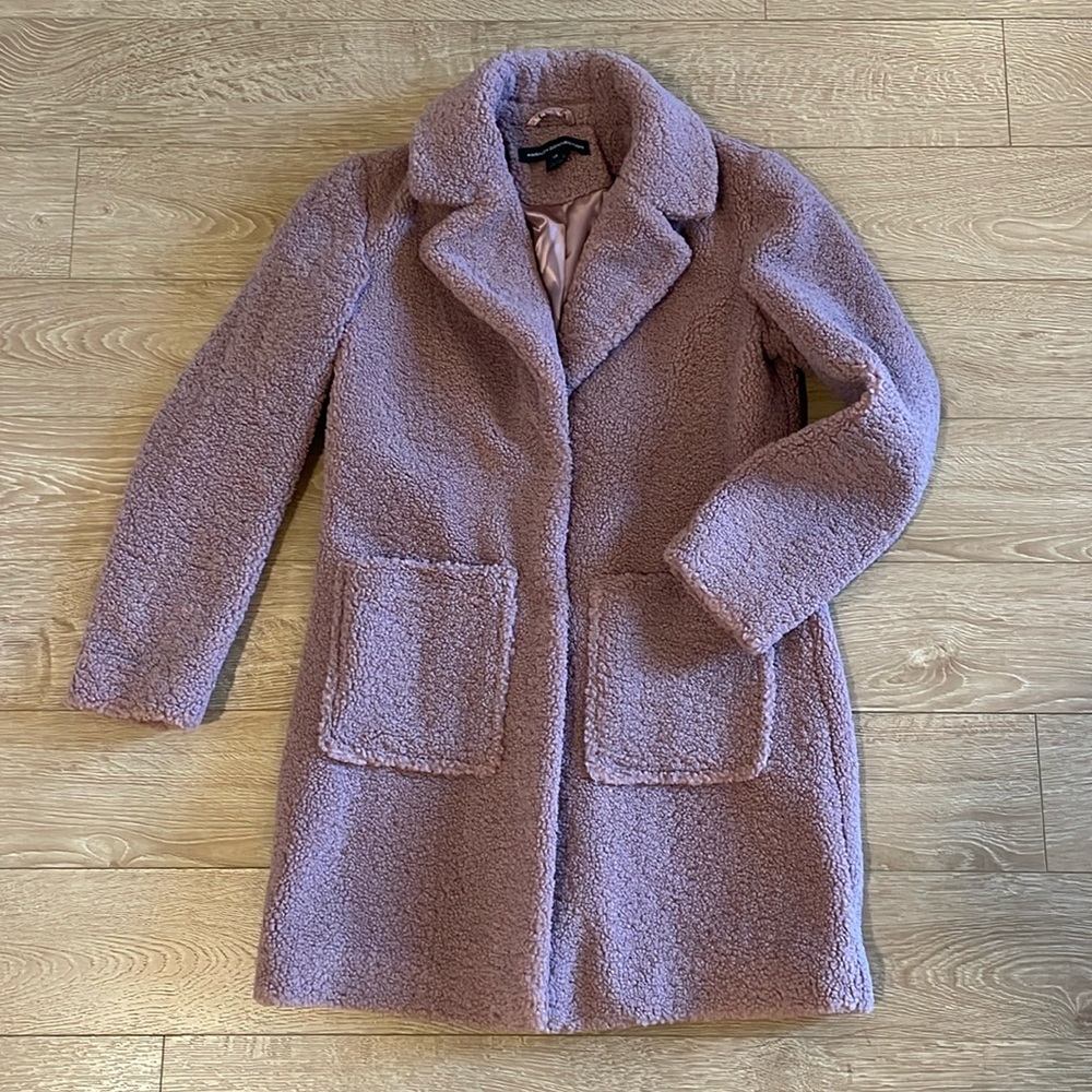 French Connection Faux Fur Teddy Coat in Light Mauve, size XS